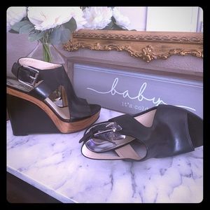 Michael Kors Black and Wood Sandal High Wedge 6.5